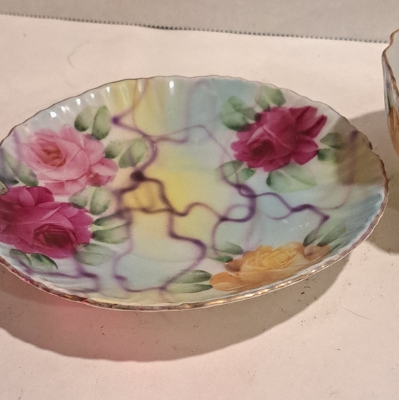 Vintage Mustache Cup & Saucer Shabby Pink Red and Yellow Roses Gold Accent. - Picture 5 of 8